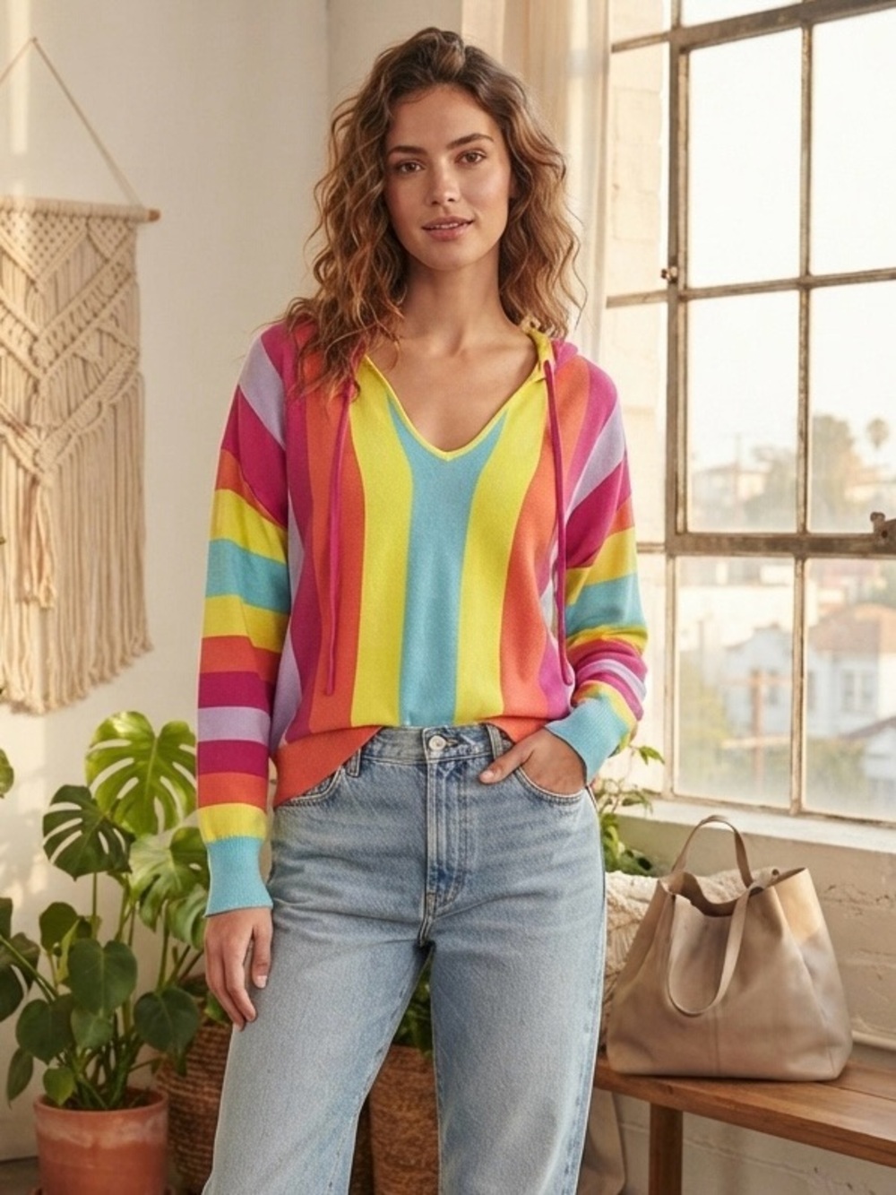 APNY Striped Knit Multicolor Hoodie Sweater Size Medium